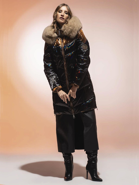 LOCO LUXO 100 cm - Luxusný dámsky páperový kabát s kapucňou a líškami