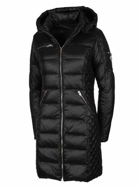 ROCKANDBLUE CIARA BARE 90 cm – Černý péřový kabát s kapucí bez lemování
