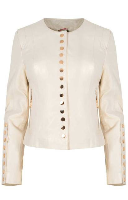 ALEXANDRA MILANO ETNA krémová perleťová bunda z jahňacej kože so zlatými nitmi.