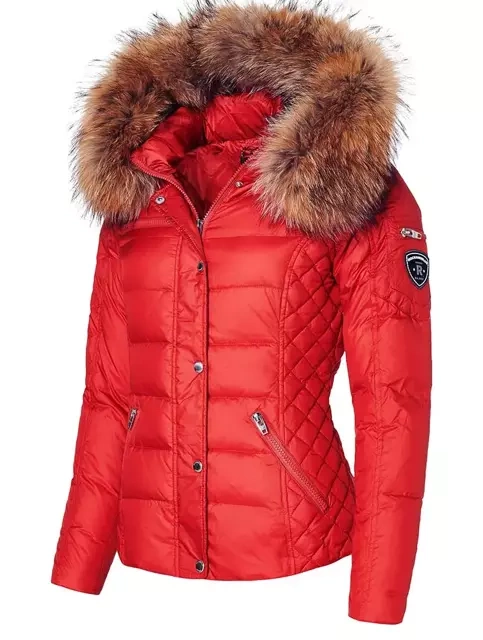 ROCKANDBLUE ZORA 63 cm – Krátka, teplá zimná péřová bunda s veľmi úzkym strihom, kapucňou a líščím golierom.