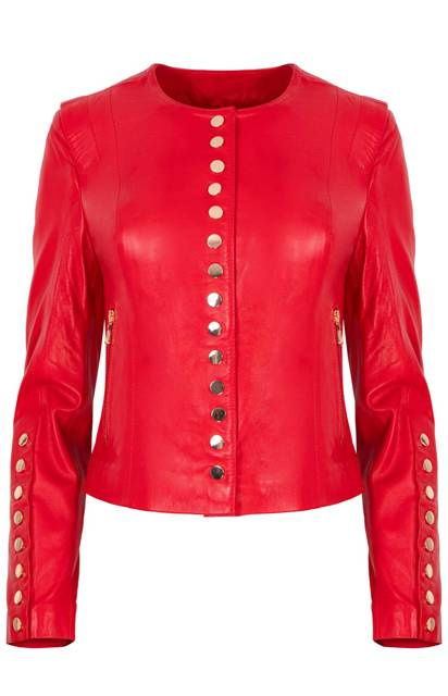 ALEXANDRA MILANO ETNA červená bunda z jahňacej kože so zlatými nitmi.