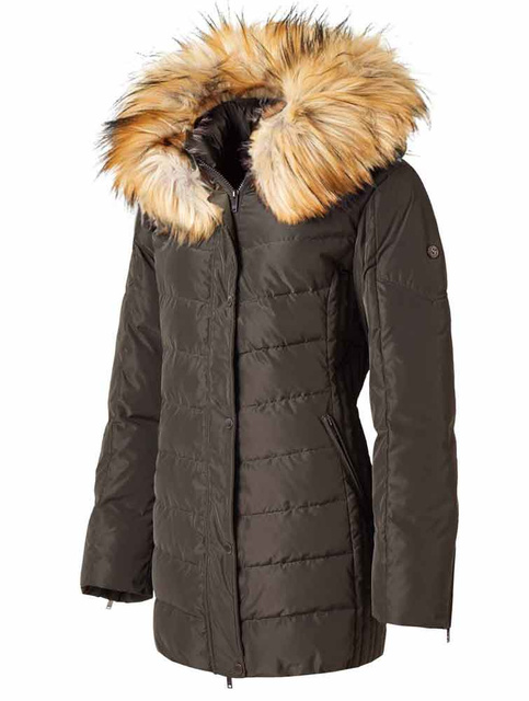 SAKI LAUREN 78 cm - Čierna teplá páperová bunda s kapucňou a falošným golierom v čiernej farbe