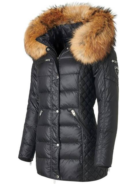 ROCKANDBLUE BEAM MID 75 cm – Veľmi štíhla pérová bunda s kapucňou a golierom z medvedieho kožušiny