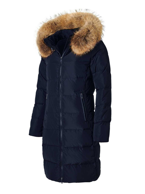 SAKI MAXI 90 cm – Námornícky modrý kabát s kapucňou a prírodným golierom