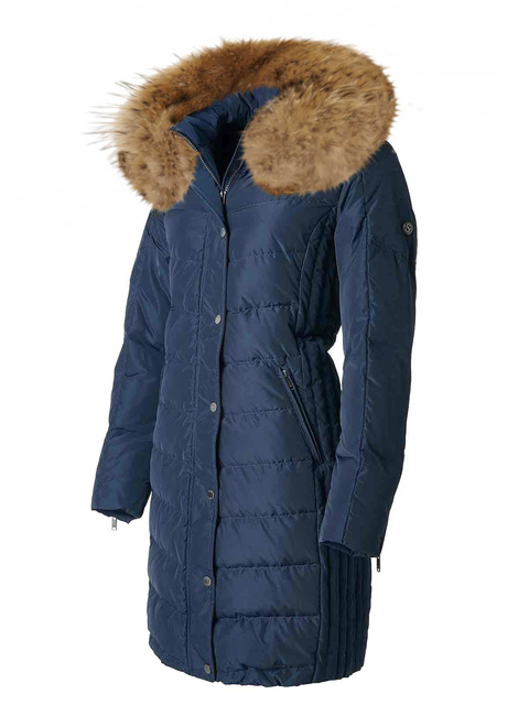 SAKI EVELYN 95 cm - Dámsky tmavomodrý páperový kabát s kapucňou a rayonom