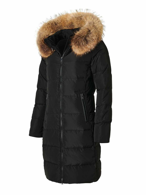 SAKI MAXI 90 cm – Čierny páperový kabát s kapucňou a prírodným golierom