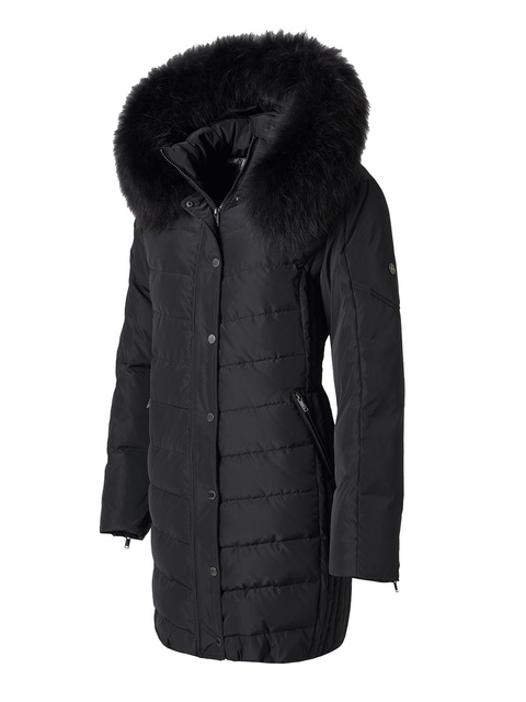 SAKI EVELYN 95 cm - Dámska čierna péřová bunda s kapucňou a lemovaním z medvedieho kožušiny