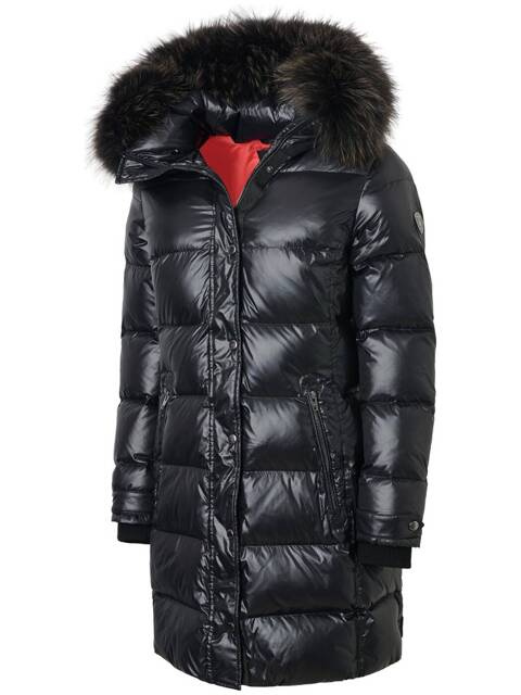 ROCKANDBLUE FARROW MID 90 cm - Čierna páperová bunda s kapucňou a mývalím golierom