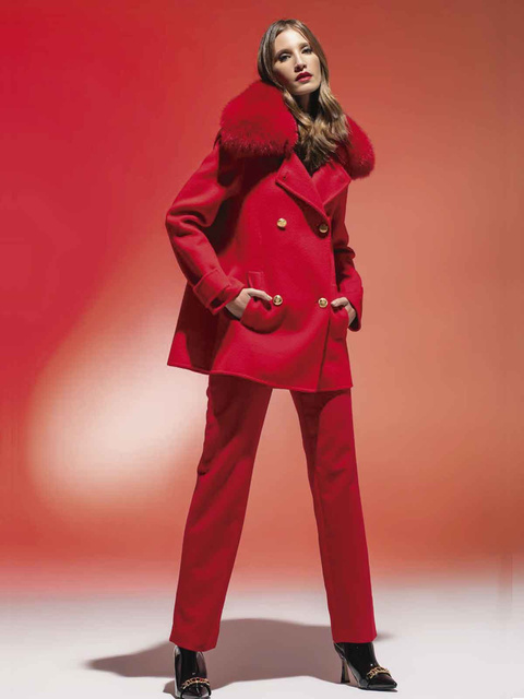 LOCO LUXO Luxusný dámsky vlnený kabát s líščím golierom