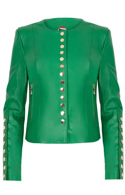 ALEXANDRA MILANO ETNA zelená bunda z jahňacej kože so zlatými nitmi.