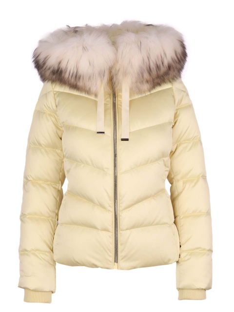 ROCKANDBLUE LEIA 63 cm – voľná pérová bunda v svetložltej farbe s pravou medvedou kožušinou