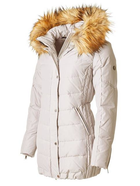 SAKI LAUREN 78 cm - Čierna teplá páperová bunda s kapucňou a falošným golierom v čiernej farbe