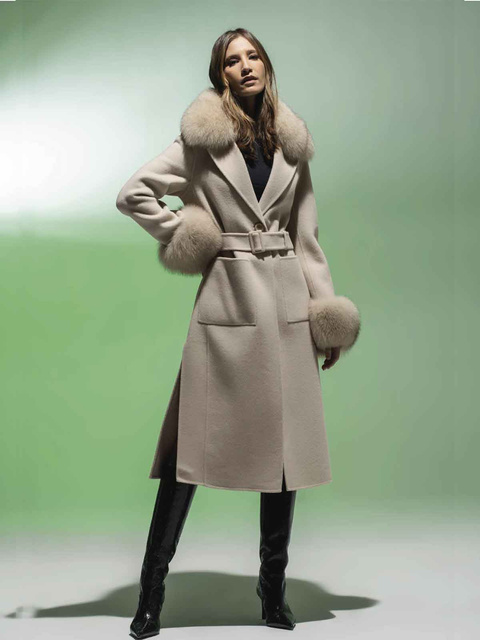 LOCO LUXO Luxusný dámsky vlnený kabát s líščím golierom