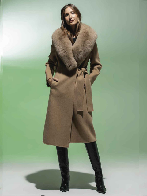 LOCO LUXO Luxusný dámsky vlnený kabát s líščím golierom