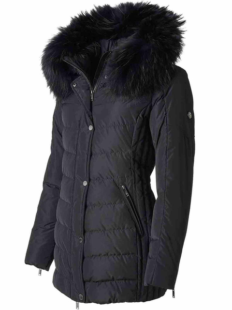 SAKI LAUREN 78 cm - Čierna pérová bunda s kapucňou a lemovaním z pravej kožušiny