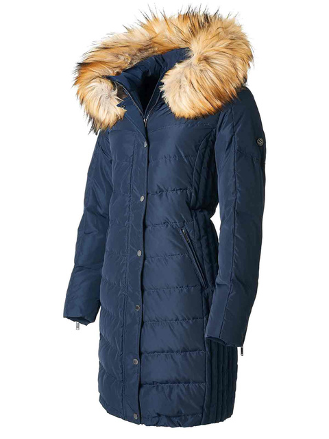 SAKI EVELYN 95 cm - Modrý páperový kabát s kapucňou na zips a umelým golierom