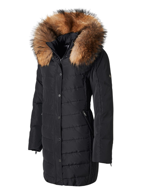 SAKI EVELYN 95 cm - Čierny páperový kabát s kapucňou. Pravá kožušina z mývala na kapucni.