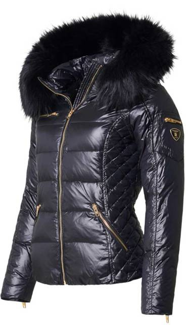 ROCKANDBLUE RITA 63 cm- Čierna krátka páperová bunda s čiernou kožušinou na kapucni