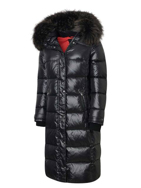 ROCKANDBLUE FARROW COAT 110 cm - Čierny páperový kabát s kapucňou a golierom z mývala