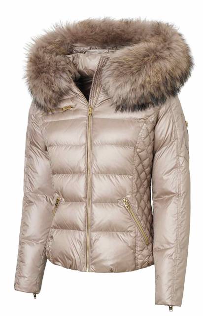ROCKANDBLUE RITA 60 cm - Krátka páperová bunda vo farbe huby s kožušinou na kapucni